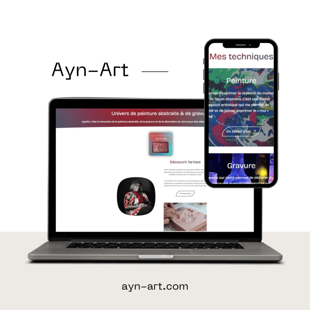 Mockup présentant des vue téléphone et ordinateur de la page d'accueil du site Ayn-Art