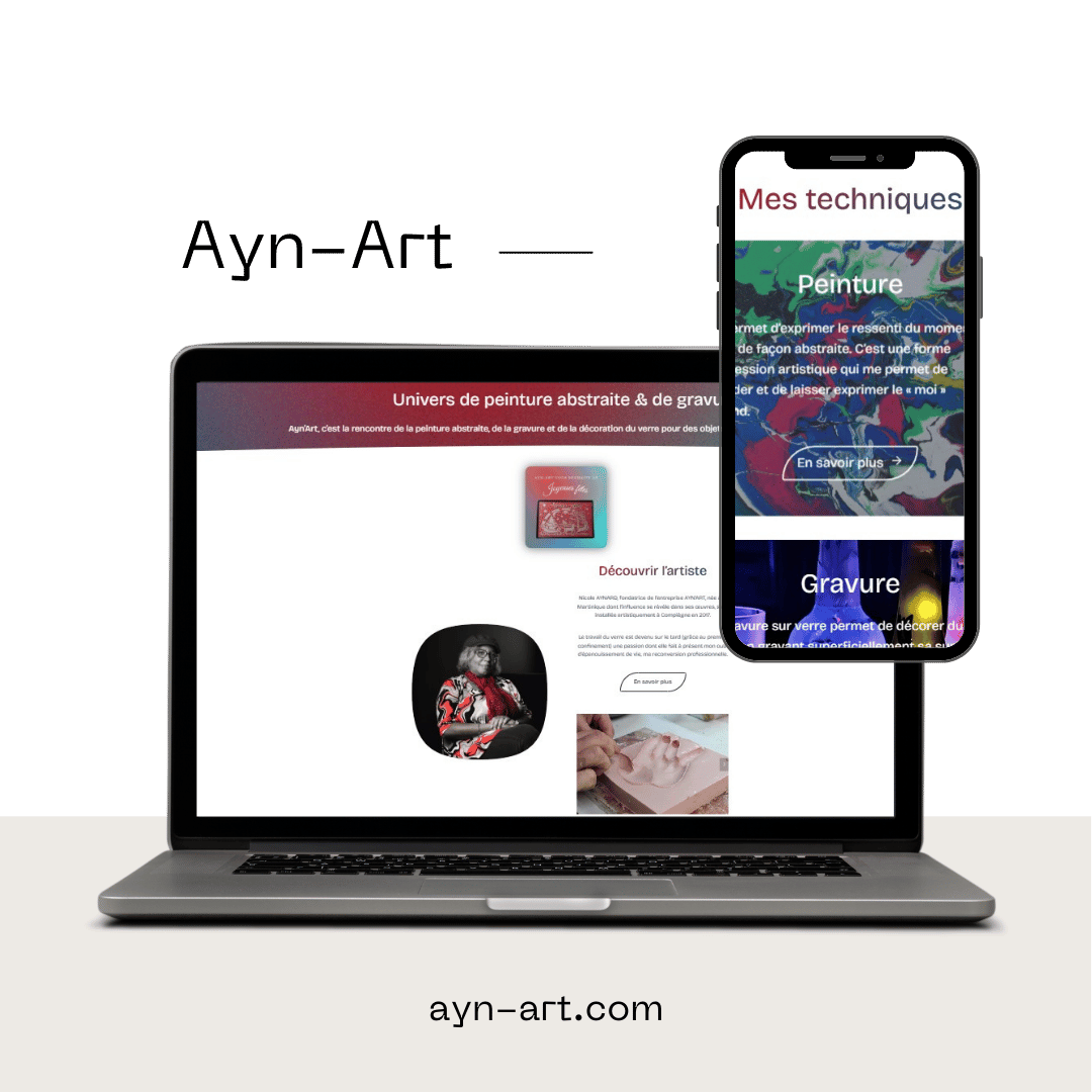 Mockup présentant des vue téléphone et ordinateur de la page d'accueil du site Ayn-Art